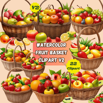 Preview of Watercolor Fruit Basket Clipart V2