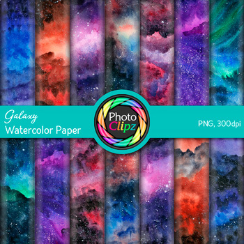 Preview of Watercolor Galaxy Digital Paper Clipart: 14 Painted Backgrounds, Comm. Use PNG