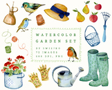 Watercolor Gardener clipart set, garden accessories, birds