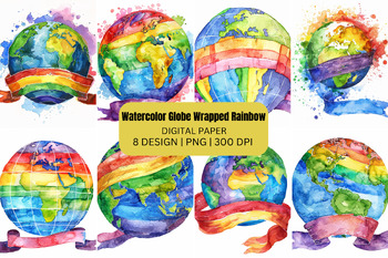 Preview of Watercolor Globe Wrapped Rainbow Digital Paper Background