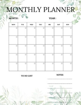 Watercolor Greenery Calendar - Week, Month, Day, and Task page | TPT