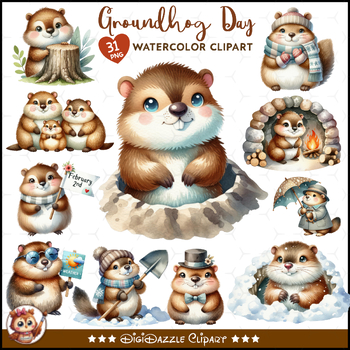 Watercolor Groundhog Day Clipart by DigiDazzle Clipart