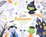 Watercolor Halloween Clipart, Cute Monsters Clip Art PNG