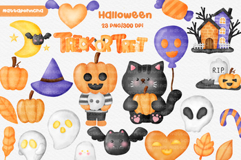 Preview of Watercolor Halloween Clipart: Spooky Witch, Ghosts, and Castle Illustrations