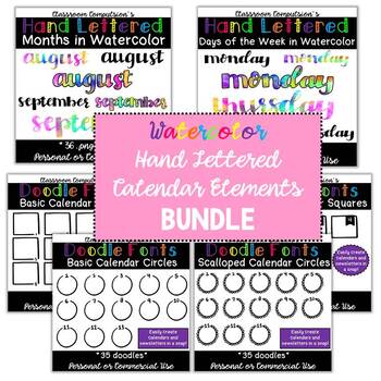 Preview of Watercolor Hand Lettered Calendar Elements BUNDLE