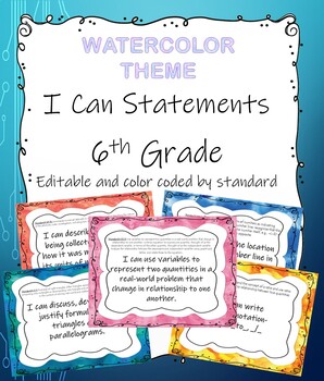 Preview of Watercolor I can statements Math 6th grade editable CCSS