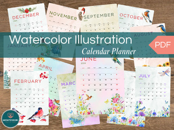 Preview of 2024 Nature Birds Watercolor Illustrations 12-Month Calendar