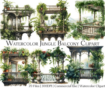 Preview of Watercolor Jungle Balcony Clipart Set of 20 Files