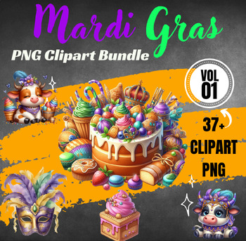 Preview of Watercolor Mardi Gras Clipart  PNG Bundle  Zip +37 PNG files VOL 01