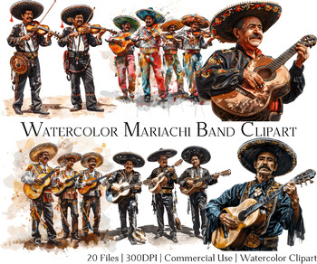 Preview of Watercolor Mariachi Band Clipart Set of 20 Files