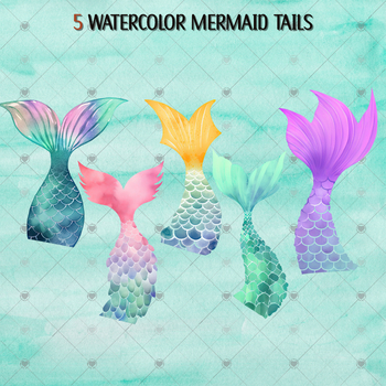 Watercolor Mermaid Clipart Set of 50 PNG Files, Little Mermaid Clipart Set