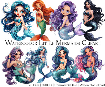 Preview of Watercolor Mermaids Clipart Set of 20 Files