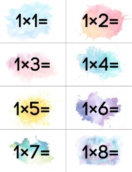 Preview of Watercolor Multiplication Practice Facts Flash Cards with Answers on Back
