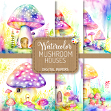 Watercolor Mushroom Houses - Digital Paper Clipart Illustrations