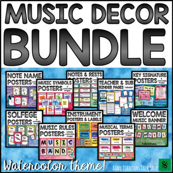 Preview of Watercolor Music Bulletin Board Bundle with Editable Classroom Decor