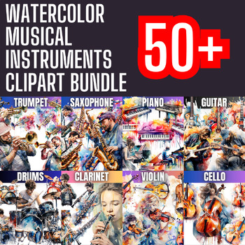 Preview of Watercolor Musical Instruments Clipart Bundle | 50+ Images | Commercial Use