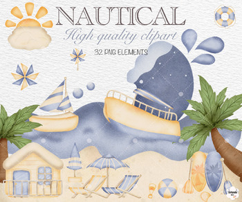 Preview of Watercolor Nautical Clipart, Beach Clipart, Travel Clipart, Ocean clipart, Marin