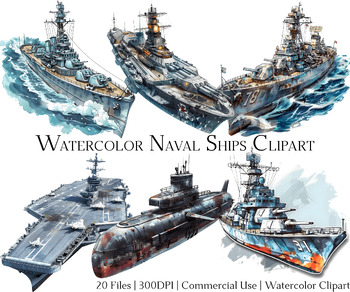 Preview of Watercolor Naval Ships Clipart Set of 20 Files