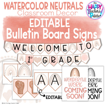 Watercolor Neutral EDITABLE Bulletin Board Signs Diversity Rainbow Boho ...
