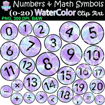 Preview of Watercolor Number and Math Symbol Purple & Blue Clip Art 0 to 20