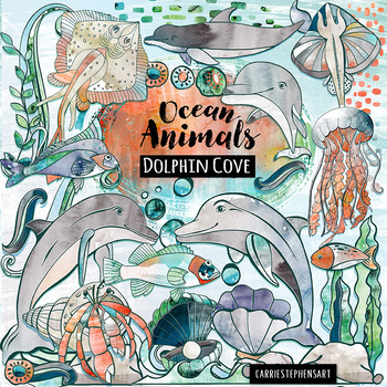 Preview of Watercolor Ocean Animal Clip Art - Dolphin Cove Hand Drawn Graphics