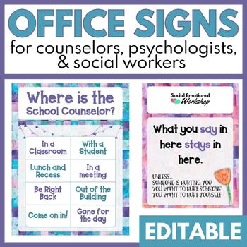 Preview of Watercolor Office Signs for Counselors, Psychologists, & Social Workers EDITABLE