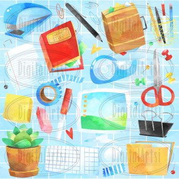 Office Supplies Watercolor Clipart Set, Cute Office Work