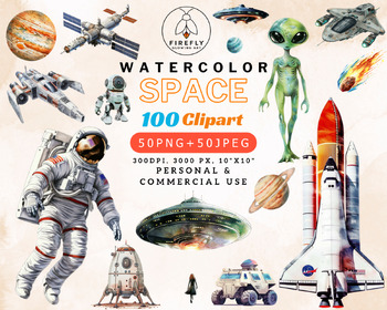 Preview of Watercolor Outer Space Clipart, 100 Designs, Astronaut, UFO, Alien, Space Craft