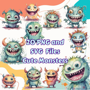Preview of Watercolor Painting Cute Monsters Clipart Set | Instant Download | Monster SVG
