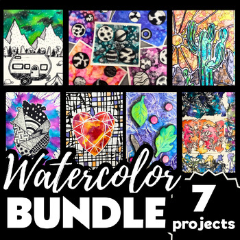 Preview of Watercolor Painting MINI BUNDLE, 7 Beginner Art Projects, Middle/High School