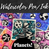 Watercolor Pen/Ink Planets Tutorial, Mixed Media Art, Midd