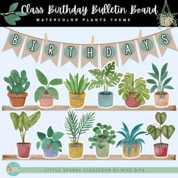 Preview of Watercolor Plants Birthday Chart | Bulletin Board Kit