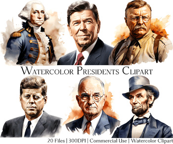 Preview of Watercolor Presidents Clipart Set of 20 Files