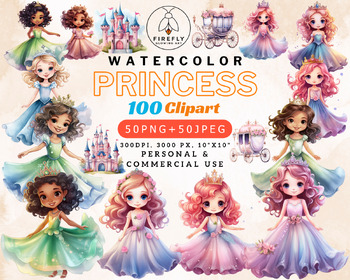 Preview of Watercolor Princess, Carriage and Castle Clipart, 100 Designs (50 PNG + 50 JPEG)