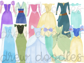 Watercolor Princess Dresses pt 1 and pt 2 COMBO Digital Clip Art Set