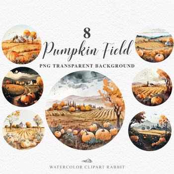 Preview of Watercolor Pumpkin Field Clipart | Farm Landscape PNG | Farm Life Kawaii