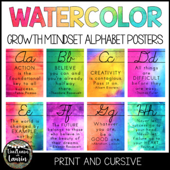 Preview of Watercolor Cursive Alphabet Posters (Growth Mindset Quotes)