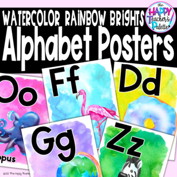 Preview of Watercolor Rainbow Brights Alphabet Posters - Classroom Decor