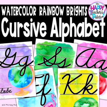 Preview of Watercolor Rainbow Brights CURSIVE Alphabet Posters - Classroom Decor