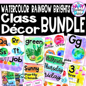 Preview of Watercolor Rainbow Brights Classroom Decor BUNDLE