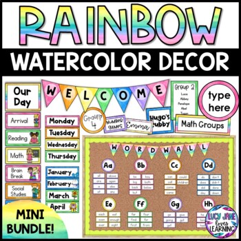 Preview of Watercolor Rainbow Classroom Decor | Mini Bundle | Watercolor Decor