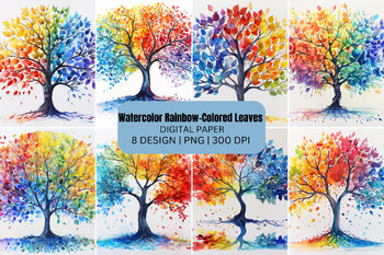 Preview of Watercolor Rainbow-Colored Leaves Digital Paper Background
