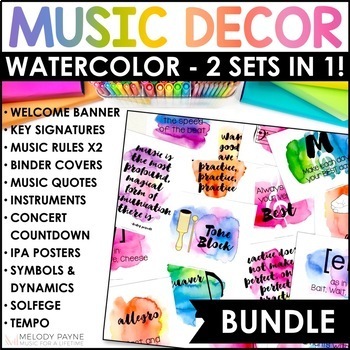 Preview of Watercolor Rainbow Music Classroom Decor Bundle - Symbols, Solfege, & More!