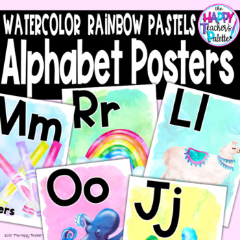 Preview of Watercolor Rainbow Pastels Alphabet Posters - Classroom Decor