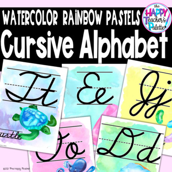 Preview of Watercolor Rainbow Pastels CURSIVE Alphabet Posters - Classroom Decor