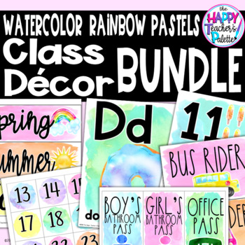 Preview of Watercolor Rainbow Pastels Classroom Decor BUNDLE