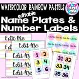 Watercolor Rainbow Pastels Name Plates Number Labels EDITABLE