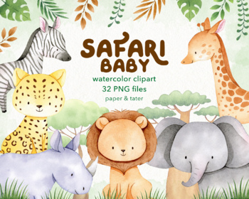 Preview of Watercolor Safari Baby Animals Clipart Graphics, African Animals Clip Art