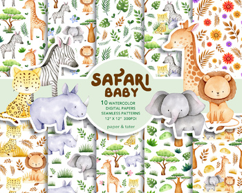 Preview of Watercolor Safari Baby Animals Digital Papers, Printable Seamless Pattern