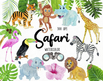 Watercolor Safari Clipart, Jungle Clipart, Safari Animals Clipart Jungle  Animals